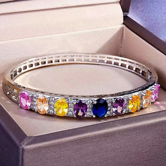 Sterling Silver Multicolor Cubic Zirconia Bangle Bracelet - Picture 1 of 5